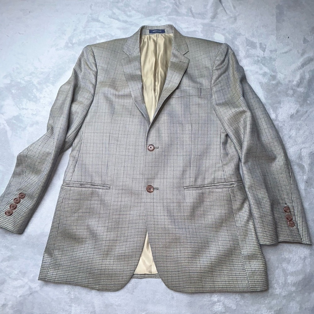 Lauren Ralph Lauren Blazer Mens Sz 40 Tan Houndstooth Sport Coat Silk Wool Blend